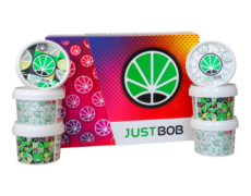 JustBob CBD Gras Kit Back2Work - Farbiger Hintergrund mit Dosen